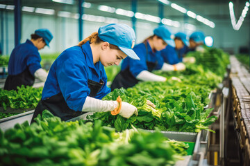 sustainable vegetable factory. Workers picking up the vegetables. Sustainable development can limit climate change and global warming. - obrazy, fototapety, plakaty