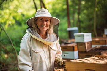 Woman wearing full body protection against bees. Smiling. Behind is bee house, making honey. Living in touch with nature and caring for the earth.