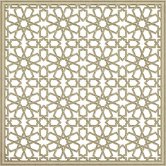 Arabic girih geometric white gold pattern. Islamic ornament mashrabiya panel. Wall screen Islamic traditional motif, 3d grill. Iso
lated on white  background. Artistic metal casting. Illustration