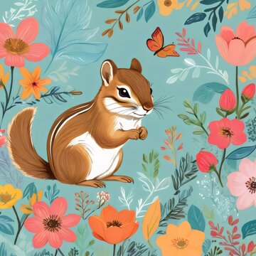 Seamless pattern with cute chipmunk and flowers. Digital Painting illustration.