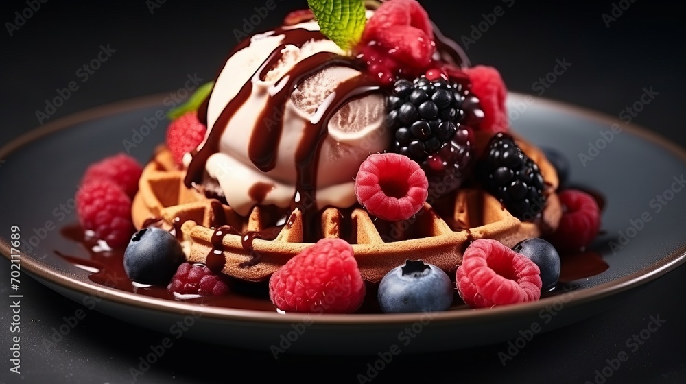 Poster Chocolate waffle with ice cream and berries on a black background Generative AI