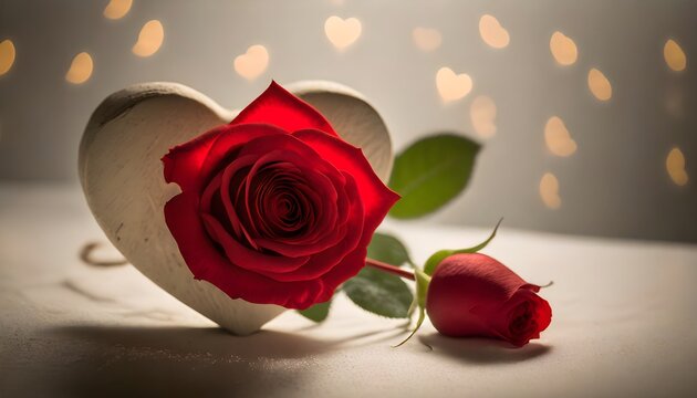 red rose and a red rose, Valentine's Day with a tender image featuring a heart-shaped card and a single red rose.  passion and heartfelt emotions. beauty of love red hearts on white background High qu