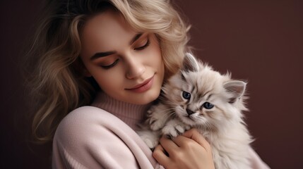 Beautiful young woman with long wavy hair in a pink sweater holding a fluffy white cat. Generative AI