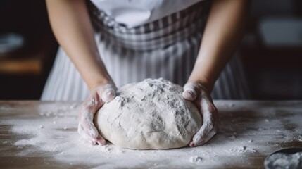 Fototapeta premium Female hands kneading dough on the table in the kitchen. Generative AI