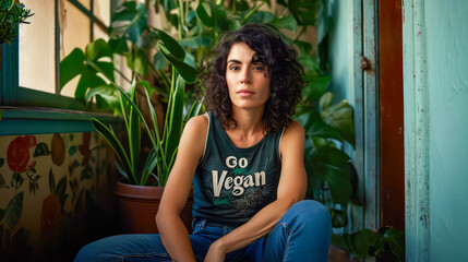 Fototapeta na wymiar Vegan leben, eine junge Frau im T-Shirt mit der Aufschrift Go Vegan. 