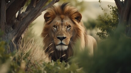 Male lion in the savannah of Okavango Delta, Botswana. Generative AI
