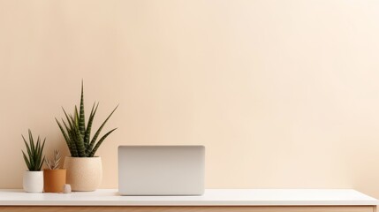 Mockup wall, shelf with laptop, cactus and succulent. 3d render Generative AI