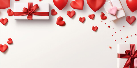 Beautiful background with hearts and gift box for Valentine's Day with empty space for text. Festive banner. Top view
