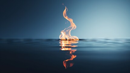 Flame on water with reflection, 3d illustration, horizontal. Generative AI