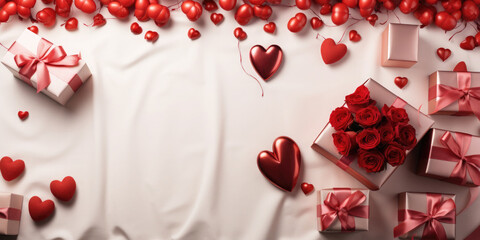 Beautiful background with hearts and gift box for Valentine's Day with empty space for text. Festive banner. Top view