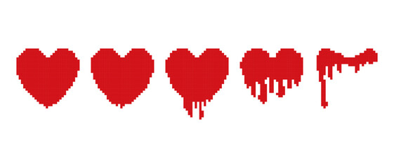 Set of pixel art. Liquid, dripping red hearts. Game icons. Romantic symbol. Creative vector illustration.