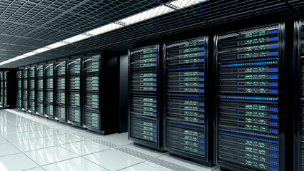 Server room data center with row of server racks. 3d illustration - obrazy, fototapety, plakaty