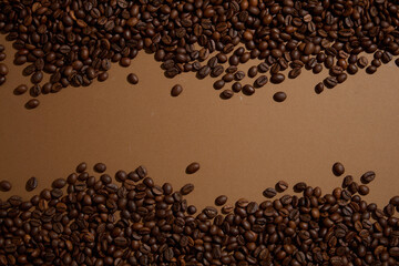 Mockup scene for advertising organic cosmetic with ingredient from coffee. Many coffee beans are displayed filling the top and bottom edges of the frame, creating space in the middle for the design