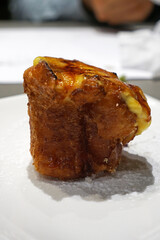 Close up Torrijas st Teresa Spanish Style French bread Toast with Cinnamon pudding and Honey
