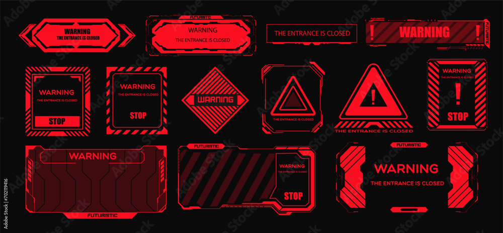 Poster red hud warning, danger and alert attention frames. collection of futuristic warning signs with neon