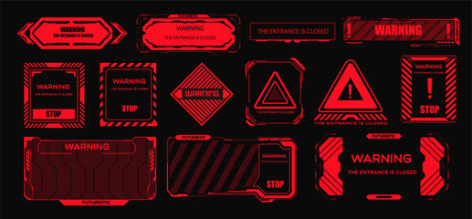 Red HUD warning, danger and alert attention frames. Collection of Futuristic Warning Signs with Neon Outlines and Glowing Edges. Fui tech and digital cyber frames alert warning on screen. Vector - obrazy, fototapety, plakaty