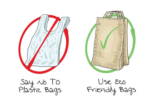 Say No To Plastic Bags Use Eco Friendly Bags. ecology and clean Environment Concept Hand drawn Vector Design. Renewable Products Using Concept. Don't Use Plastic to Stop Environment Pollution. 