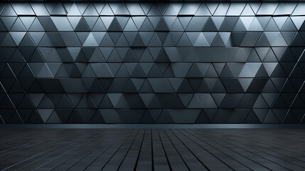 Polished semigloss tiled wall with black 3D triangular blocks render. AI generative.