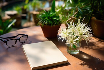 Blank sheet of notepaper on the desk, glasses and flowers. Working outdoors