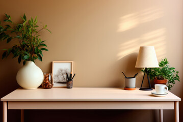 Workplace home with desk lamp, writing utensils and potted plants in Scandinavian minimalist style