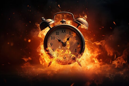 Alarm clock on fire background. Time is running out concept.