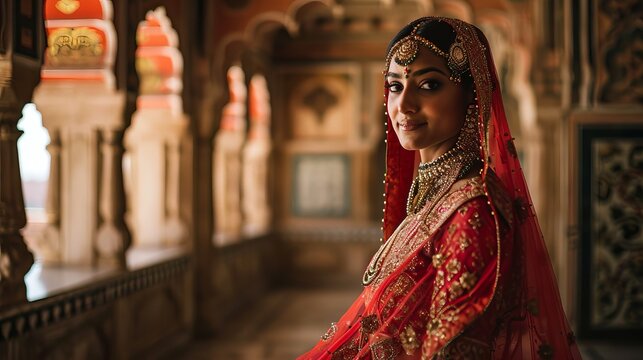 Indian Traditional Dulhan in Red Attire with Golden Embroidery Standing in an Ornate Architectural Setting