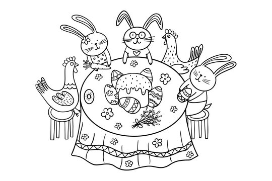 Easter coloring page with rabbits and chickens sitting at the table.