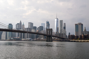 New York City skyline with Brooklyn Bridge and Lower Manhattan view