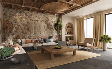 Warm wabi sabi style interior with stone wall and cozy wood furniture. Ethnic home decor, Wall mockup, 3d rendering  