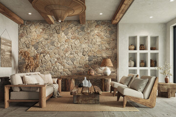 Warm wabi sabi style interior with stone wall and cozy wood furniture. Ethnic home decor, Wall mockup, 3d rendering   - obrazy, fototapety, plakaty