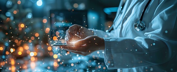 Medicine doctor, touch icon medical treatment on digital virtual interface and healthcare network, doctor online, digital healthcare. generative AI 