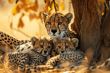 A cheetah family resting in the shade of an acacia tree