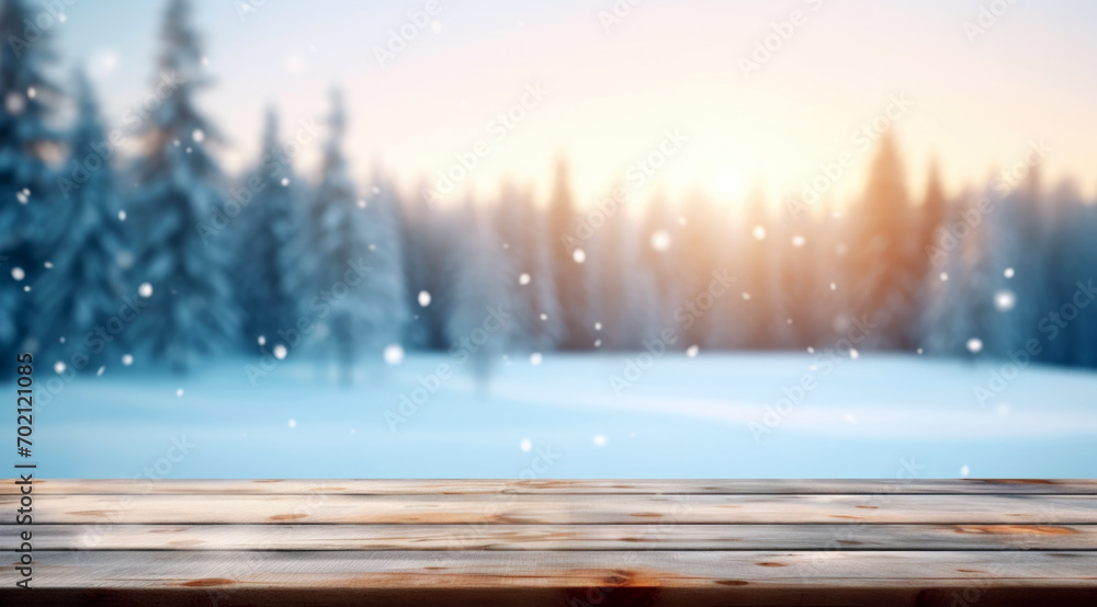 Poster empty wooden table against snowy landscape with fir trees in forest at sunset and bokeh background. 