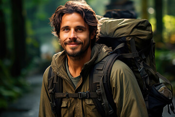 Fototapeta premium Young male traveller with a large rucksack is hiking