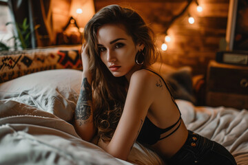 a beautiful woman posing in bed