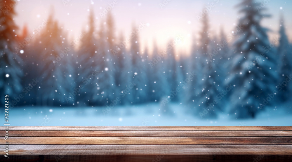 Poster empty wooden table in front of winter forest blurred background with snowflakes. high quality photo