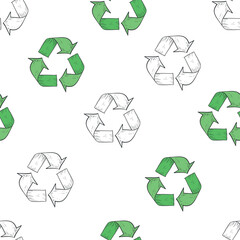 Recycle Sign and Renewable Icon Vector Seamless Pattern Hand Drawn Retro Style Recycling Concept Pattern Background Can be used as Wallpaper Card or Banner Template. Eco Friendly and Reusable Products
