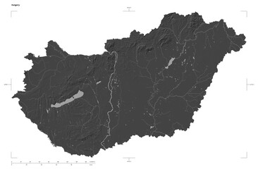 Hungary shape isolated on white. Bilevel elevation map - obrazy, fototapety, plakaty