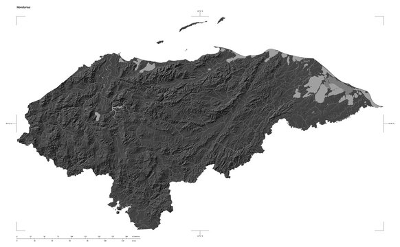 Honduras shape isolated on white. Bilevel elevation map