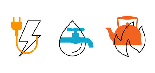 Electricity, Gasification, Water - color icons set