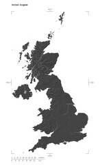 United Kingdom shape isolated on white. Bilevel elevation map
