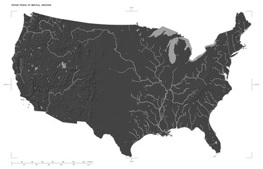 United States of America - mainland shape isolated on white. Bilevel elevation map