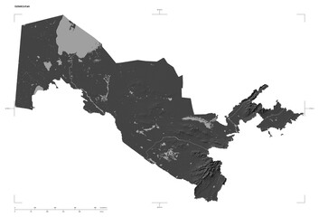 Uzbekistan shape isolated on white. Bilevel elevation map