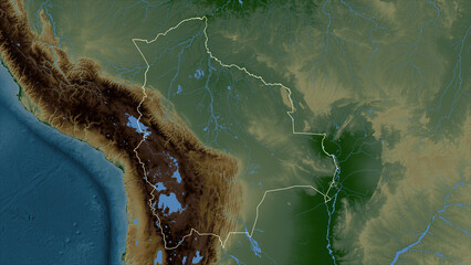 Bolivia outlined. Physical elevation map