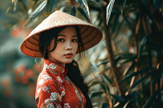 portrait of a beautiful Vietnamese girl in traditional dress Ao dai