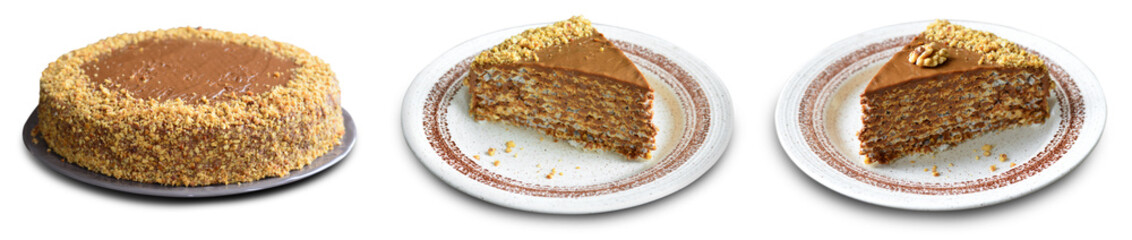 Waffle cake with condensed milk cream and walnuts on White Background