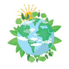 Earth Illustration. Ecology and Green Energy Concept. Clean Energy. Save The Planet. Sun trees and fresh leaves. World Earth Planet Illustration. Go green. Save the Nature. Environment Day. Earth Day.