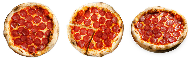Pepperoni Pizza with Mozzarella Cheese, Salami, Tomato Sauce, Stone Baked Pizza on White Background