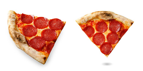 Pepperoni Pizza Slice with Mozzarella Cheese, Salami, Tomato Sauce, Stone Baked Pizza on White Background