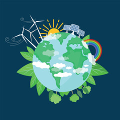Naklejka premium Ecology and Green Energy Concept. Clean Energy. Save The Planet. Wind Turbine Towers. Wind Energy Converters. World Earth Illustration. Solar Energy Panels. World Environment Day Vector Illustration.